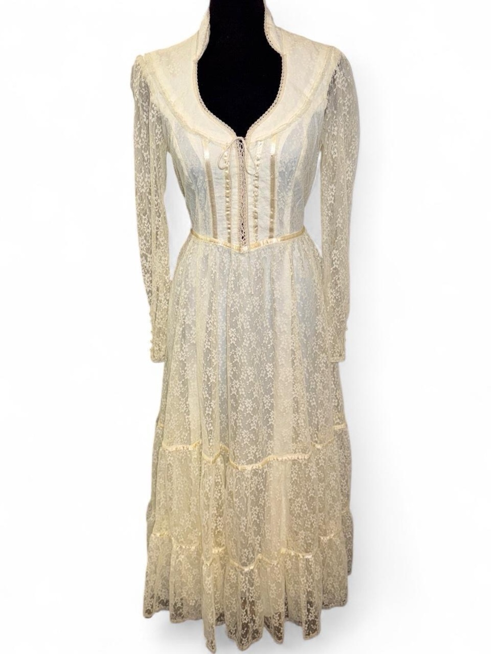 VTG 70s GUNNE SAX Romantic Renaissance Bridal Lace Dress Pearl Accents SZ 11